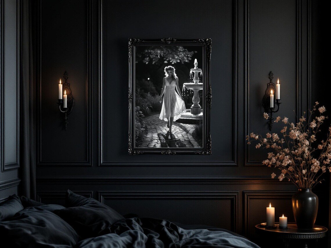 Barefoot Woman in White Dress by Moonlit Garden Fountain Poster - Image 3