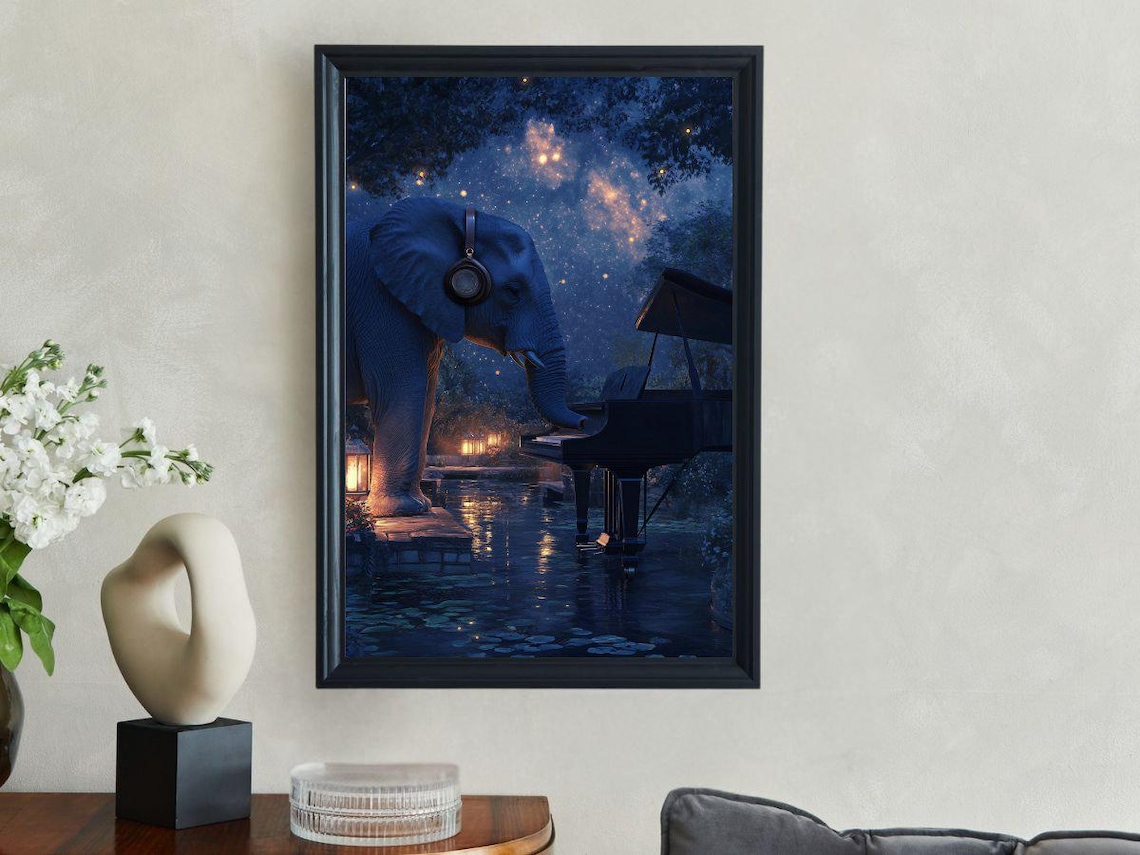 Elephant In Headphones Playing Piano Under A Starry Night Sky Poster