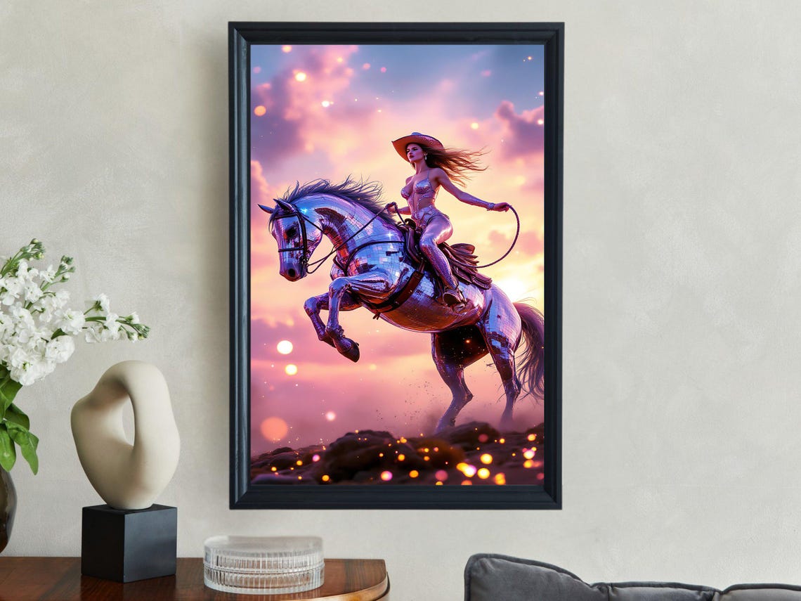 Cowgirl Riding Metallic Disco Horse Leaping At Sunset Poster