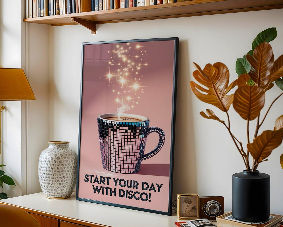 Disco Ball Coffee Mug Start Your Day With Disco Pink Kitchen Poster - Image 5