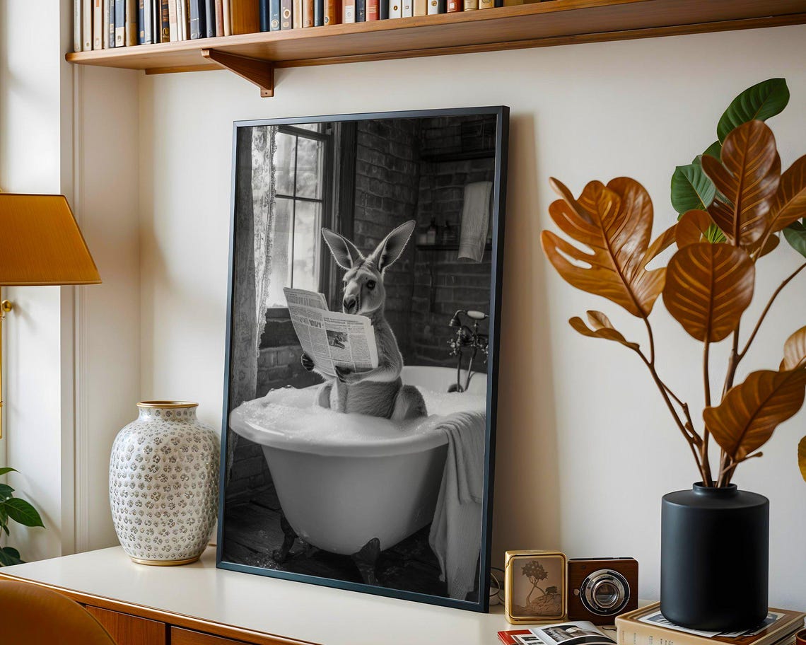 Kangaroo Reading a Newspaper in a Bathtub Black White Poster - Image 4