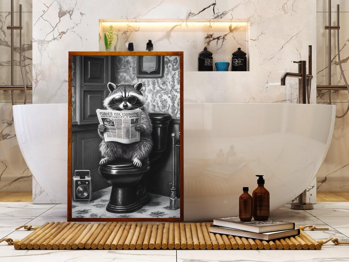 Raccoon in Round Sunglasses Reading a Newspaper on the Toilet Poster - Image 5