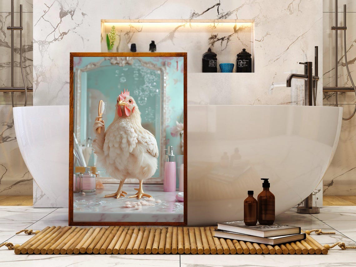 White Chicken Brushing Hair at a Vintage Bathroom Vanity Poster - Image 5