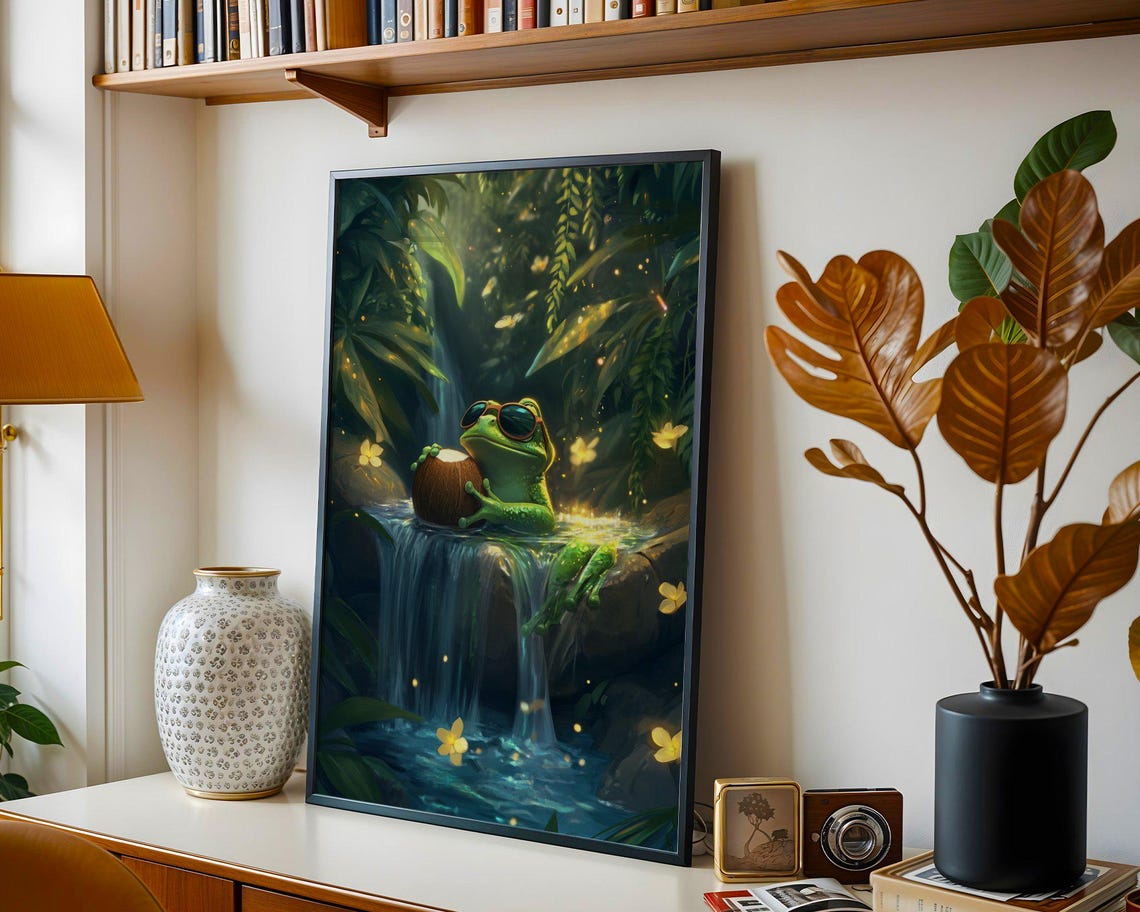 Frog in Sunglasses With a Coconut by a Jungle Waterfall Poster - Image 4
