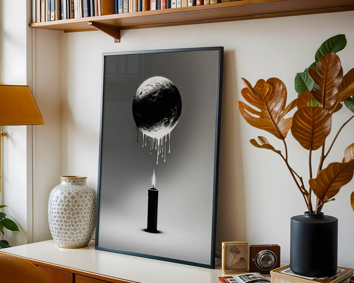 Dripping Moon Over a Single Lit Candle Black and White Minimalist Poster - Image 2