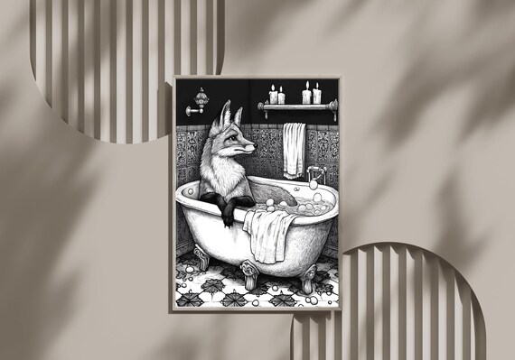 Fox Relaxing In A Clawfoot Bathtub Vintage Engraving Style Poster
