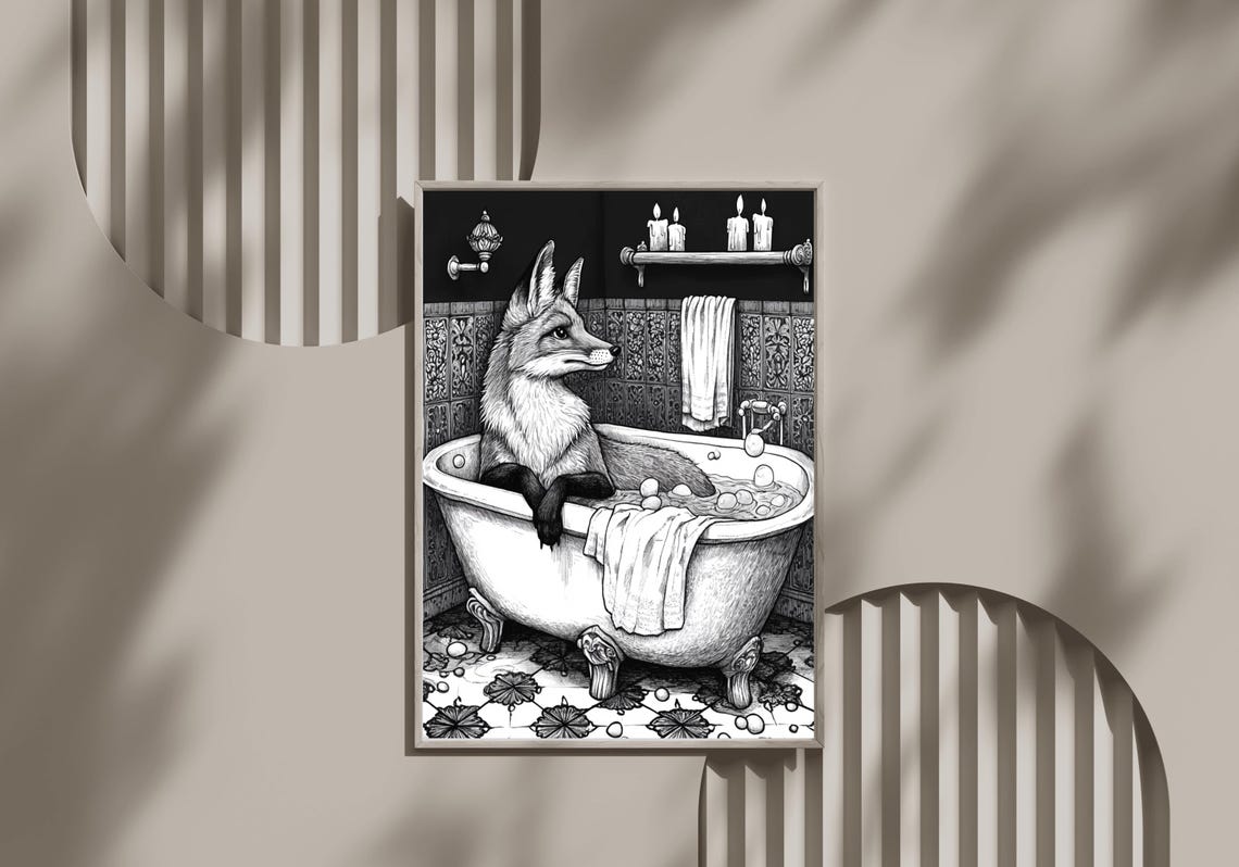 Fox Relaxing In A Clawfoot Bathtub Vintage Engraving Style Poster