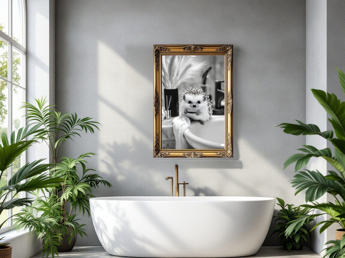 Hedgehog Holding a Toothbrush on a Bathroom Sink Black White Poster - Image 3