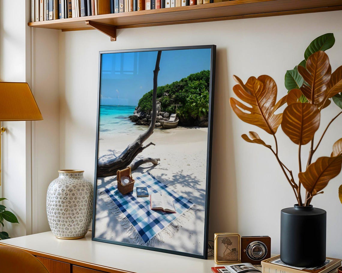 Beach Picnic Blanket Under Leaning Tree on Tropical Island Poster - Image 3