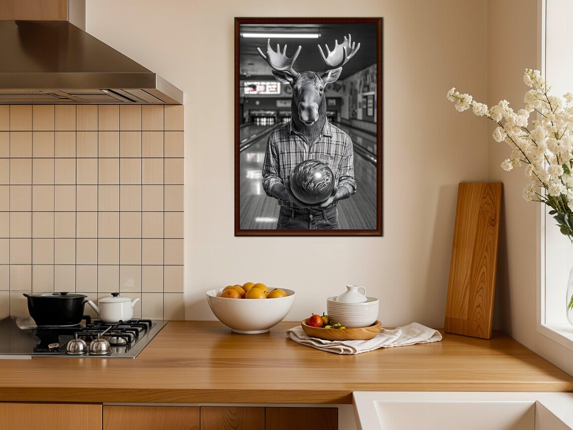 Moose Bowling in Plaid Shirt Funny Animal Game Room Art Poster - Image 4