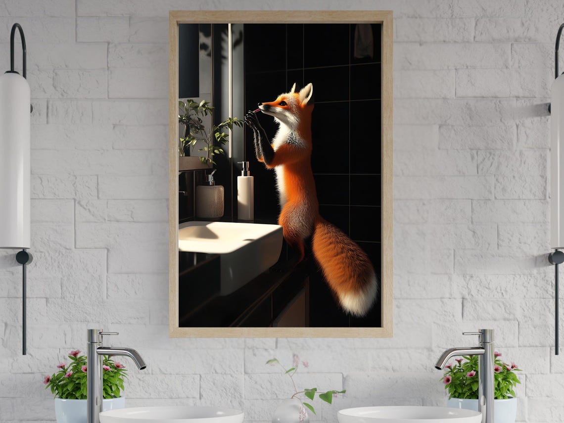 Red Fox Standing at the Bathroom Sink Brushing Its Teeth Poster