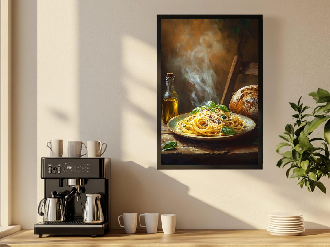 Steaming Spaghetti with Fresh Basil Rustic Italian Kitchen Poster - Image 2