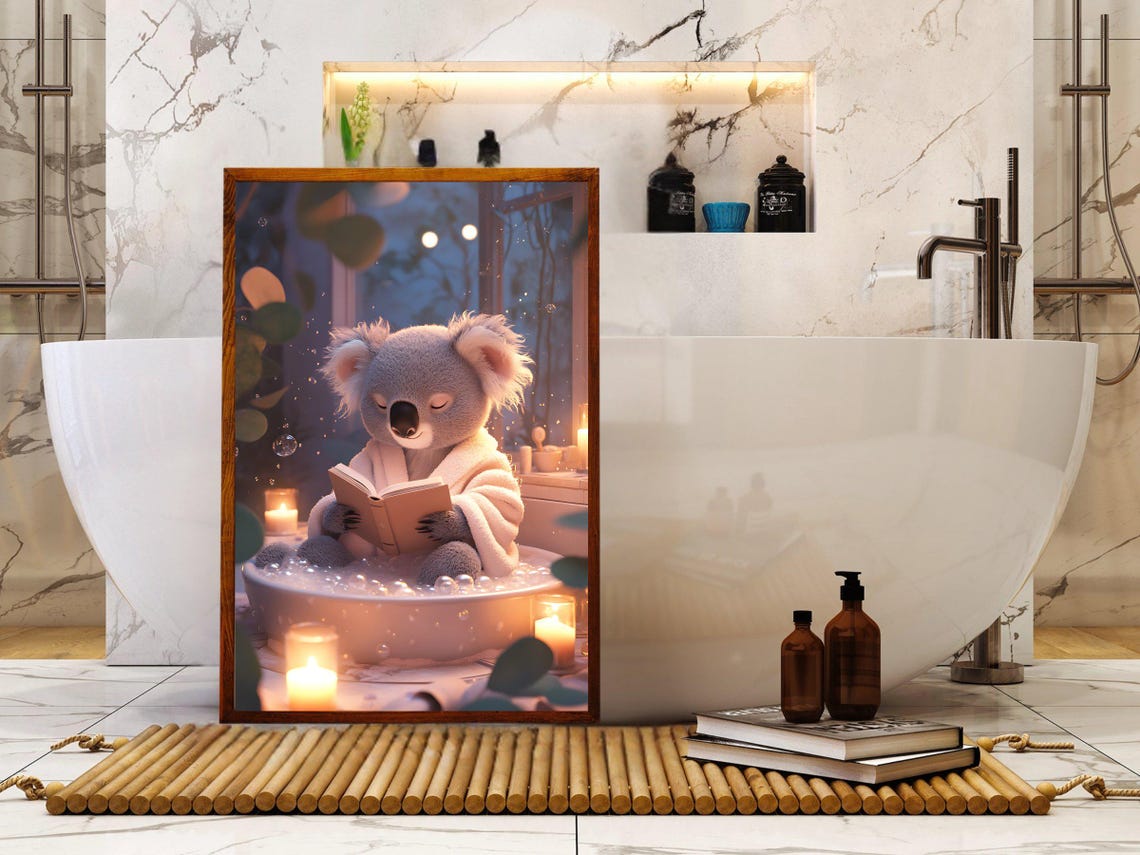 Cozy Koala Reading a Book in a Candlelit Evening Bubble Bath Poster - Image 5