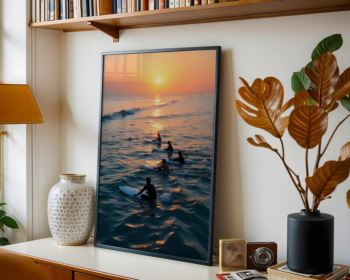 Surfers Paddling into Golden Sunset Ocean Waves Silhouette Poster - Image 3