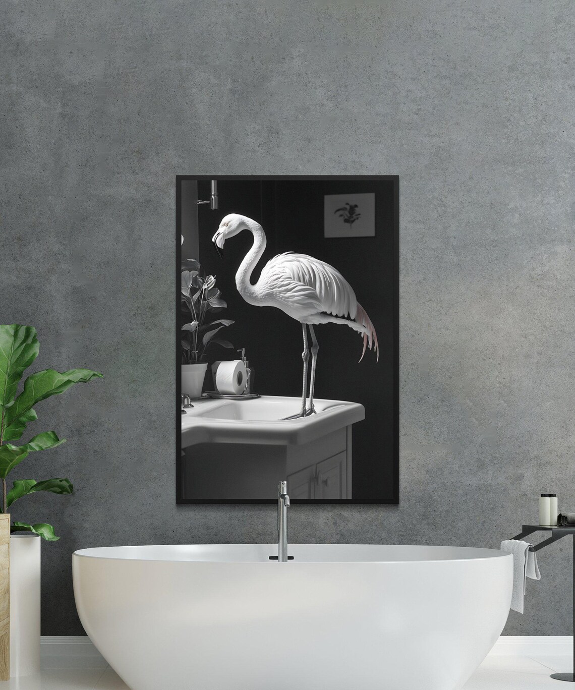 Minimalist Flamingo Standing in a Bathroom Sink Black White Poster - Image 2