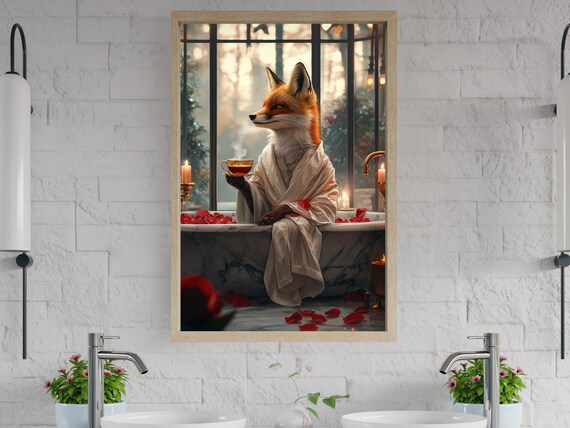 Elegant Fox in a Bathrobe Sipping Hot Tea on a Marble Bathtub Poster