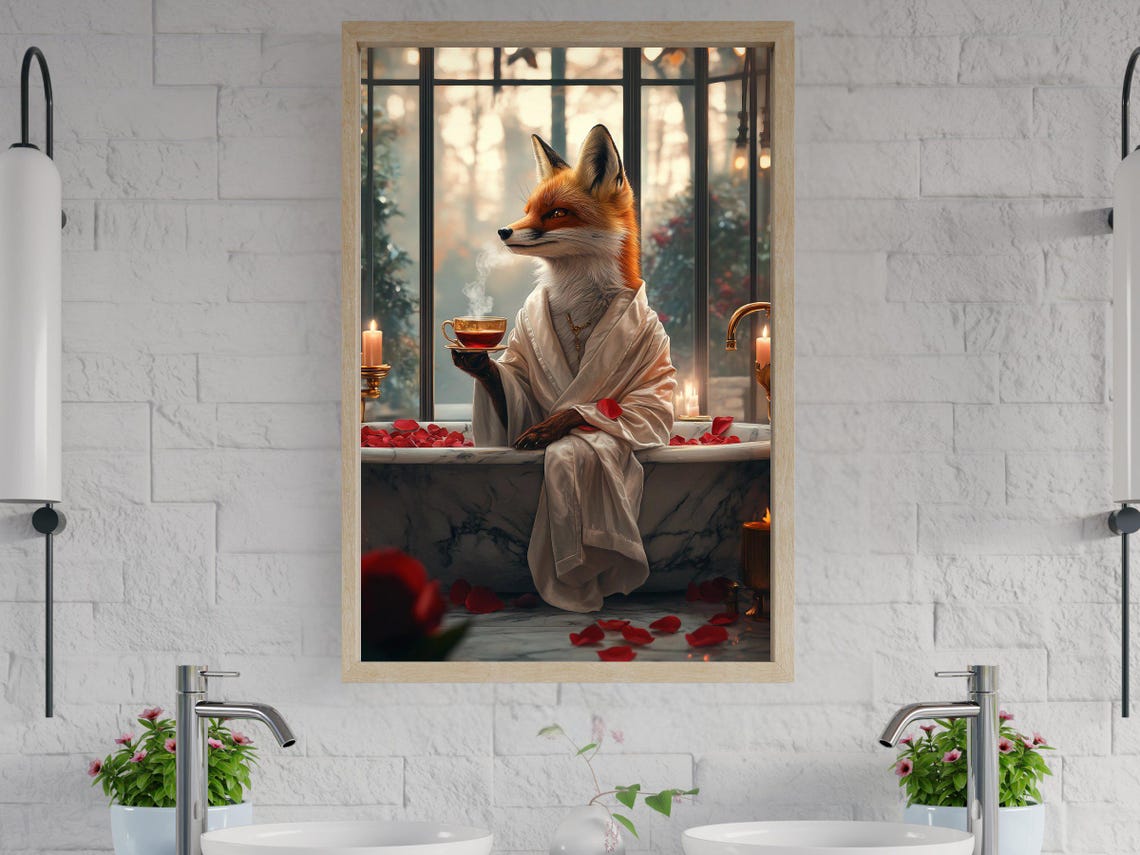 Elegant Fox in a Bathrobe Sipping Hot Tea on a Marble Bathtub Poster