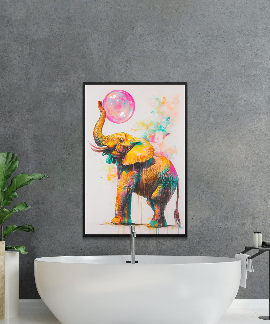 Playful Colorful Elephant Balancing Pink Bubble Modern Art Poster - Image 4