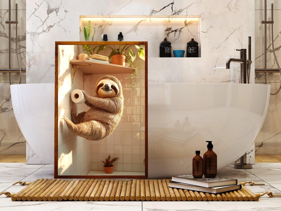 Lazy Sloth Hanging on the Bathroom Wall Holding Toilet Paper Poster - Image 5