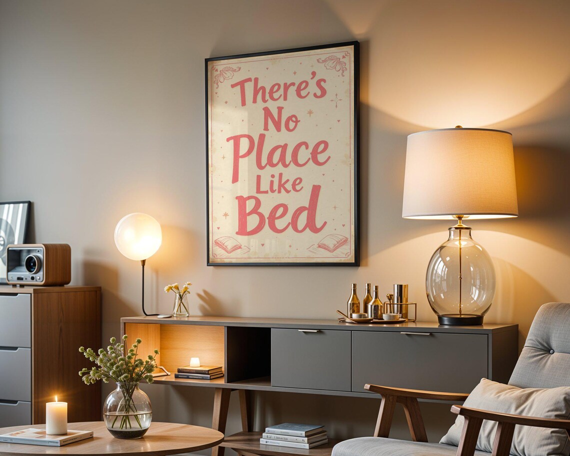 There's No Place Like Bed Coral Pillow Bedroom Funny Quote Wall Poster - Image 4