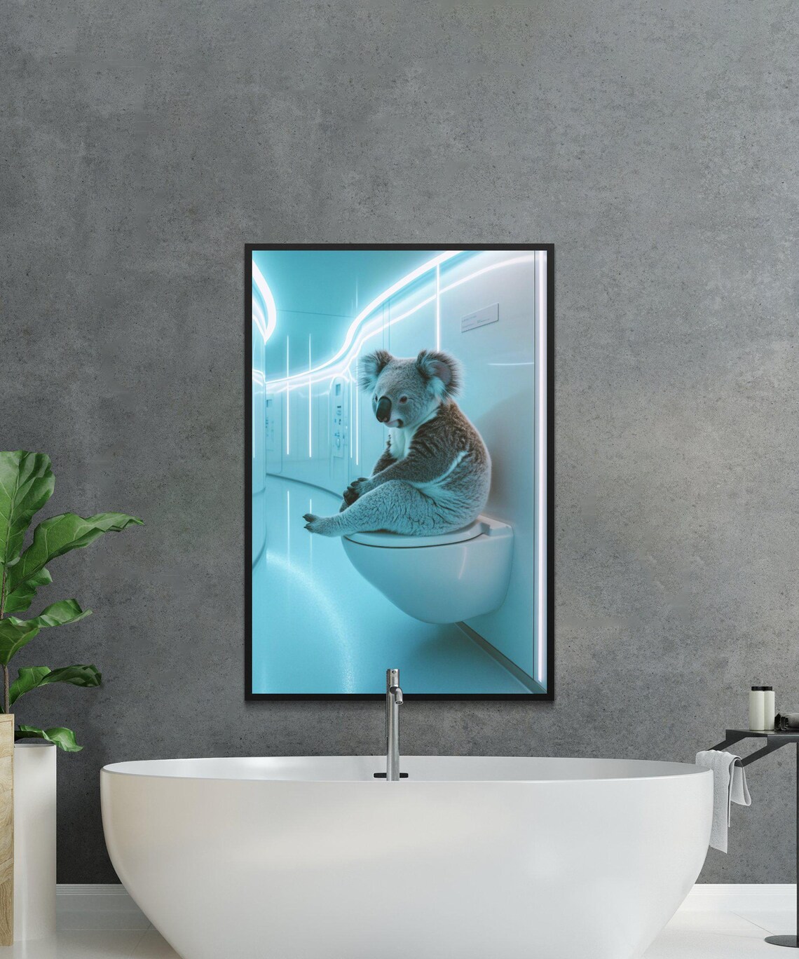 Koala Sitting On A Toilet In A Futuristic Neon Blue Bathroom Poster - Image 3