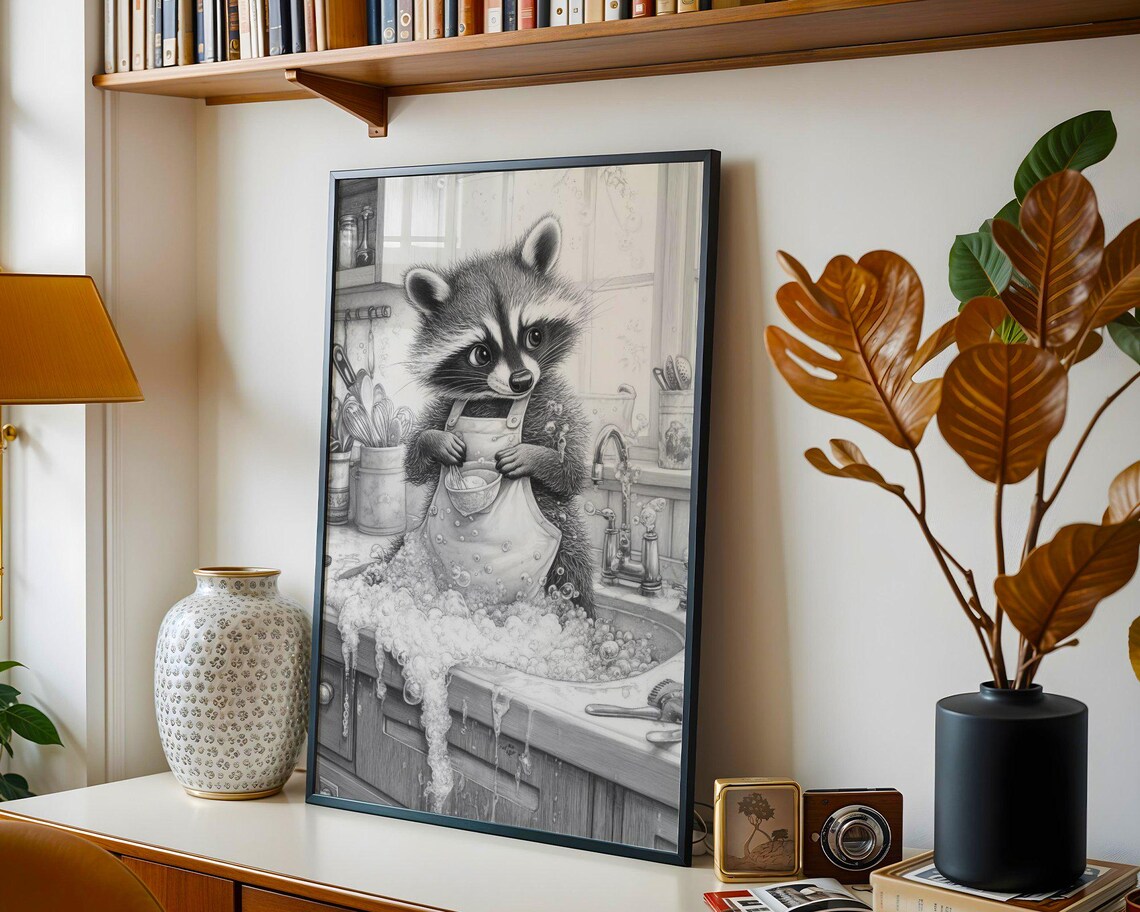 Pencil Sketch of a Raccoon Washing Dishes in a Bubbly Kitchen Sink Poster - Image 4