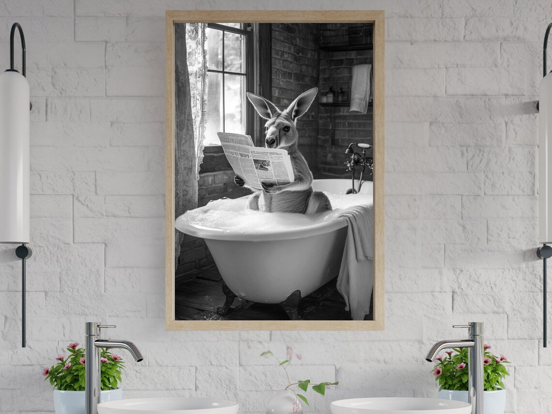 Kangaroo Reading a Newspaper in a Bathtub Black White Poster