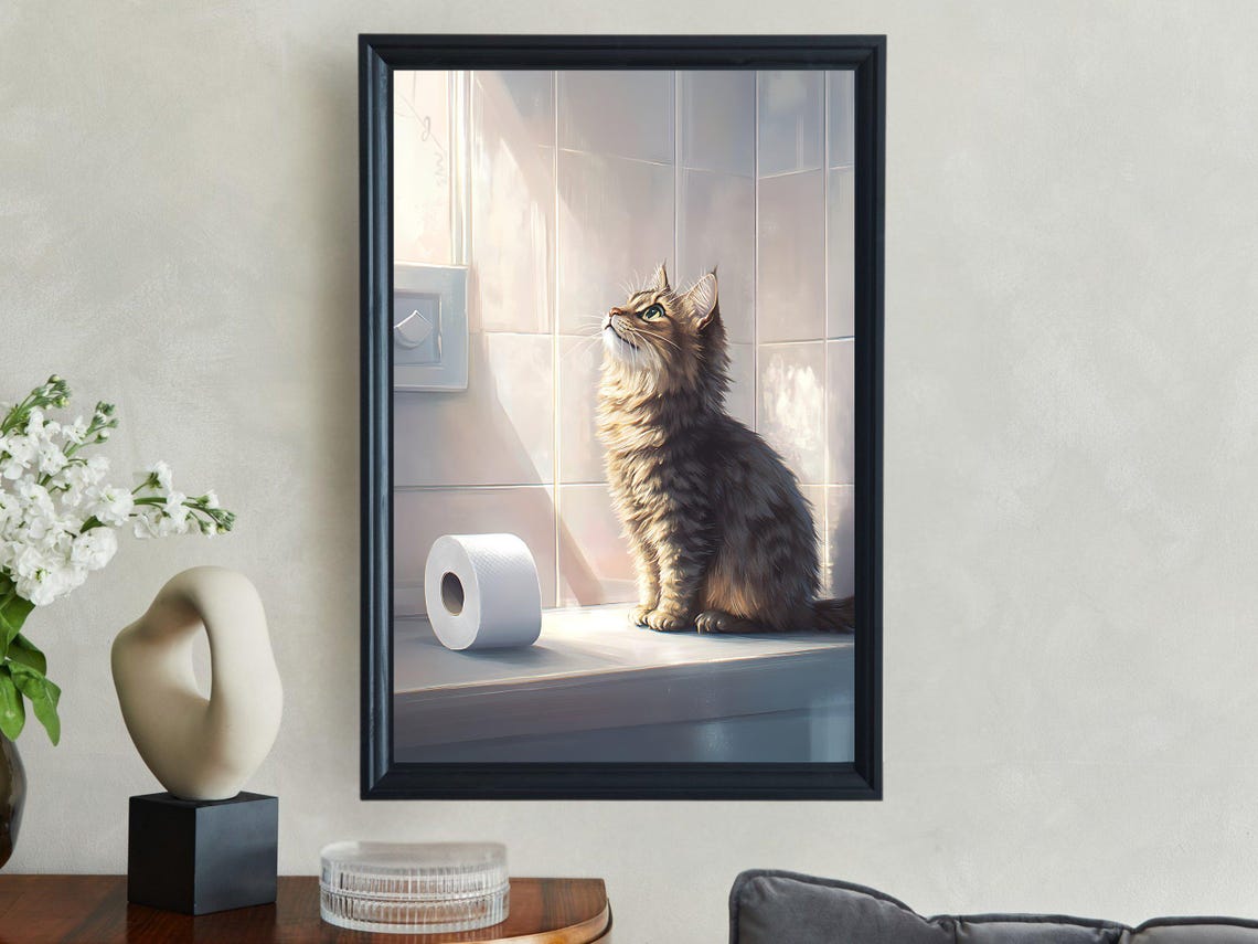 Long Haired Cat Basking in Sunlight Beside Toilet Paper Poster - Image 2