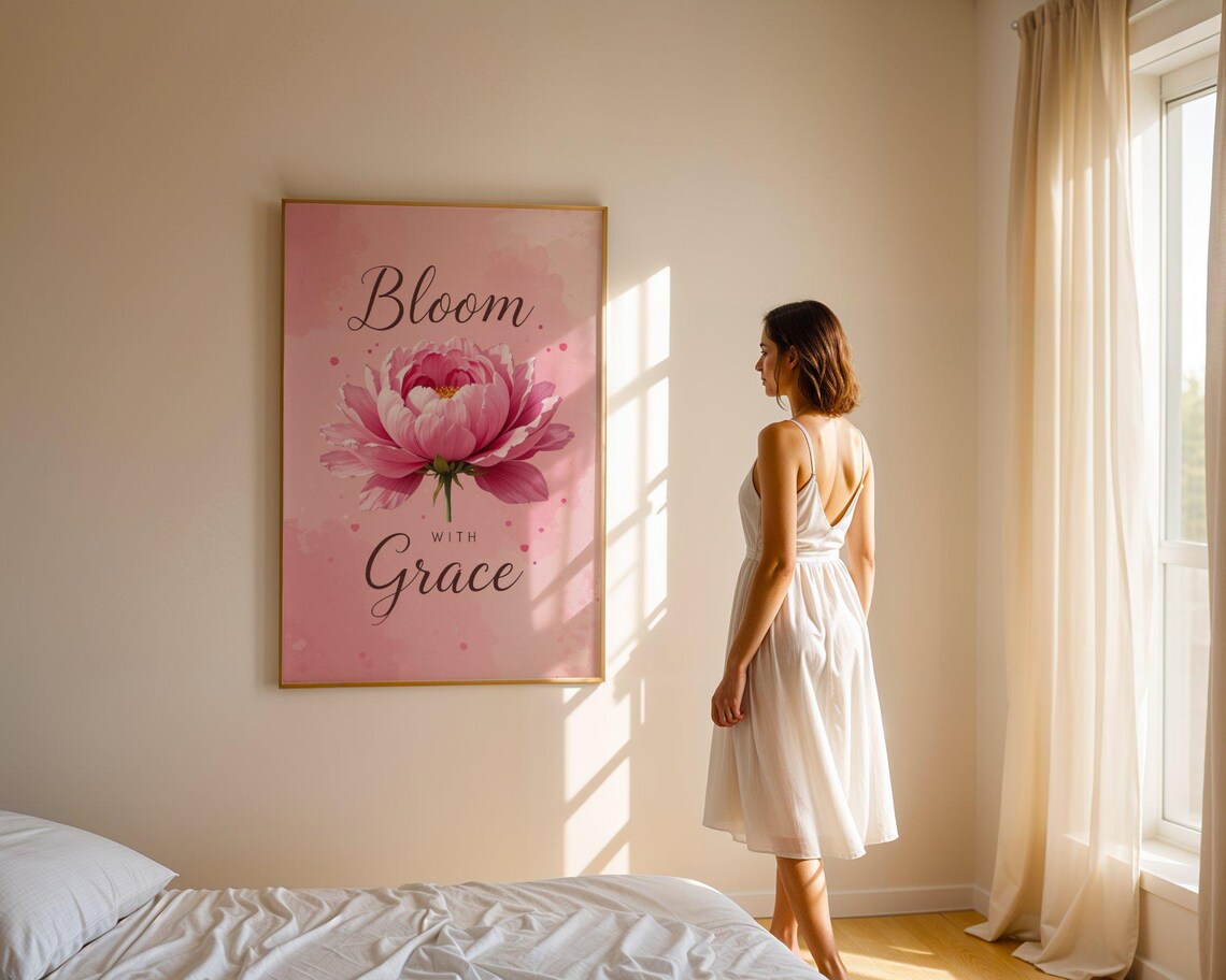Bloom With Grace Large Pink Peony Floral Watercolor Quote Poster - Image 5