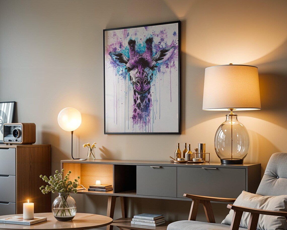 Purple Giraffe Watercolor Portrait in Splash Paint Art Poster - Image 3