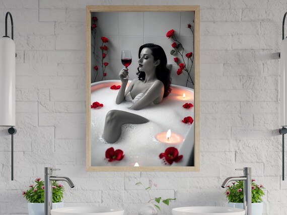 Elegant Woman In Bathtub Wall Art Luxury Spa Bathroom Decor Red Roses And Candles Relaxation And Serenity Print