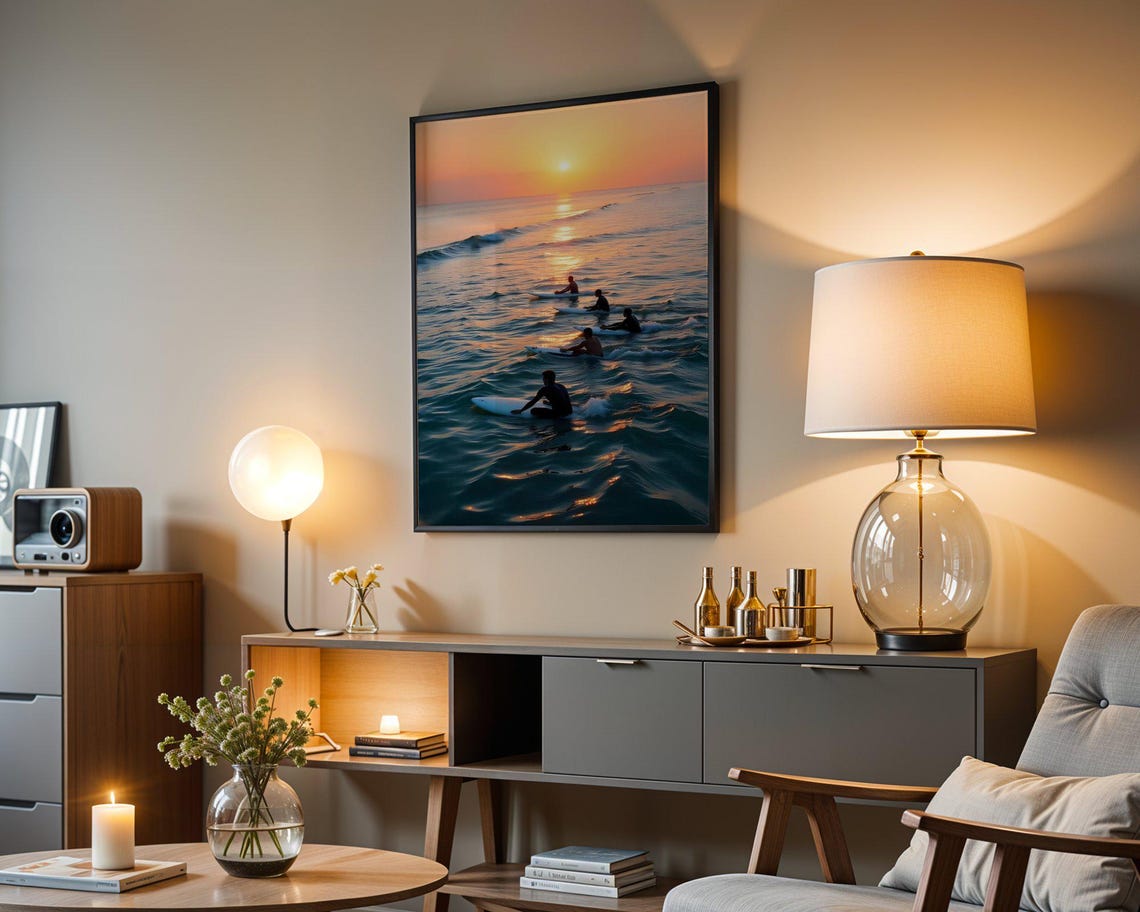 Surfers Paddling into Golden Sunset Ocean Waves Silhouette Poster - Image 5
