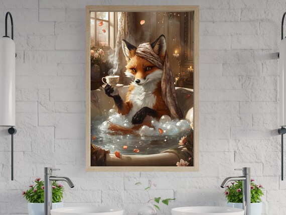 Elegant Fox Enjoying Hot Tea in a Rose Petal Bubble Bath Poster