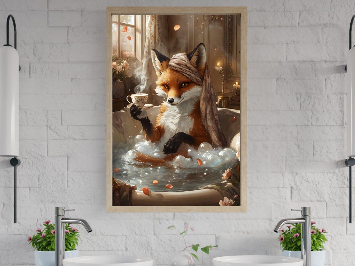 Elegant Fox Enjoying Hot Tea in a Rose Petal Bubble Bath Poster