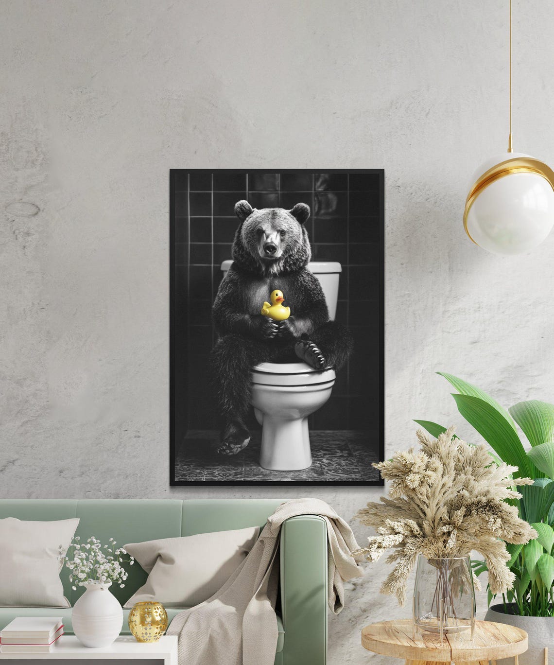 Bear Sitting On A Toilet Holding A Yellow Rubber Duck Poster - Image 2