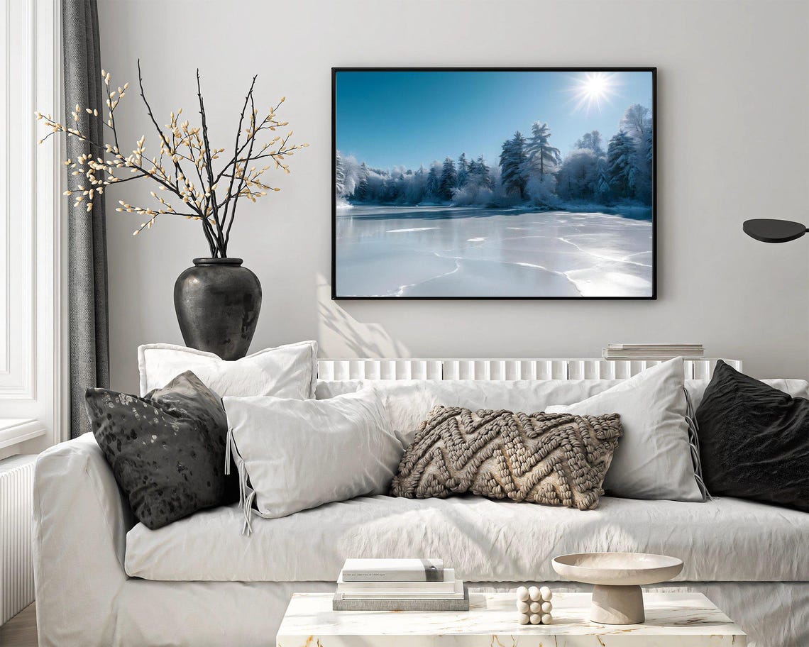 Frozen Lake with Frosted Forest Beneath a Brilliant Blue Sky Poster - Image 4
