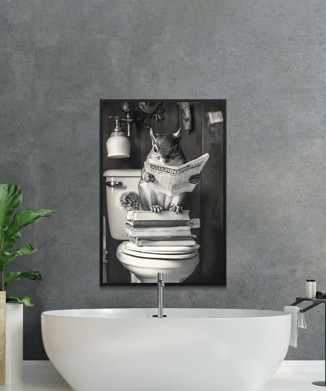 Squirrel Reading a Newspaper on a Stack of Books by the Toilet Poster - Image 2