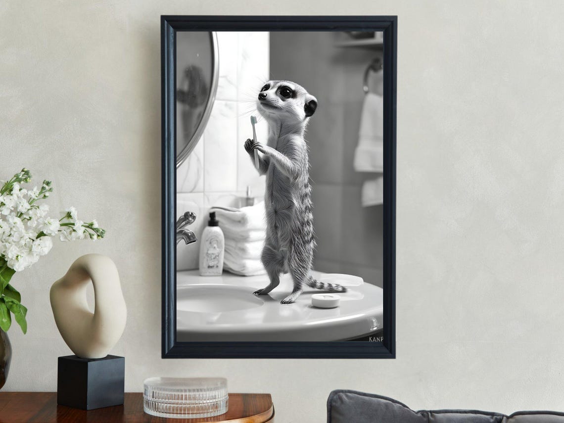 Cute Meerkat Brushing Its Teeth While Standing on the Sink Poster - Image 2
