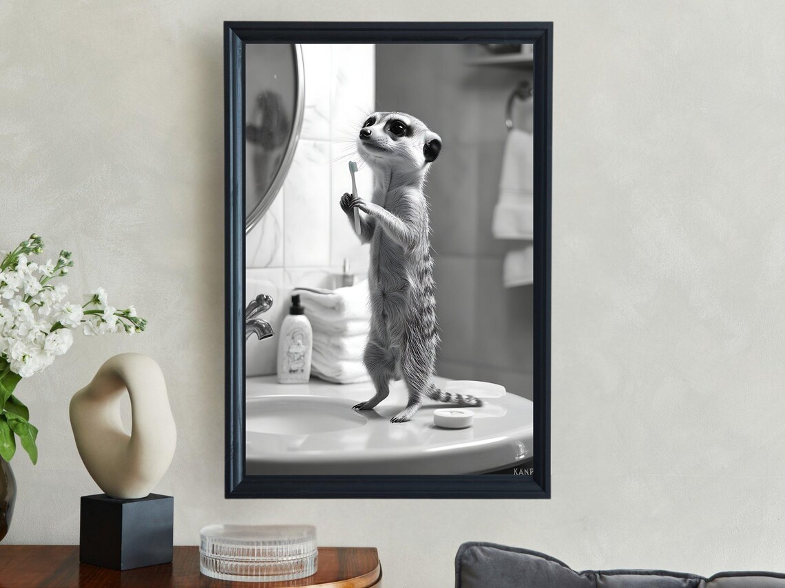 Cute Meerkat Wall Art Print Meerkat Brushing Teeth Art Funny Animal Bathroom Decor Black And White Artwork Childrens Room Decor - Image 2