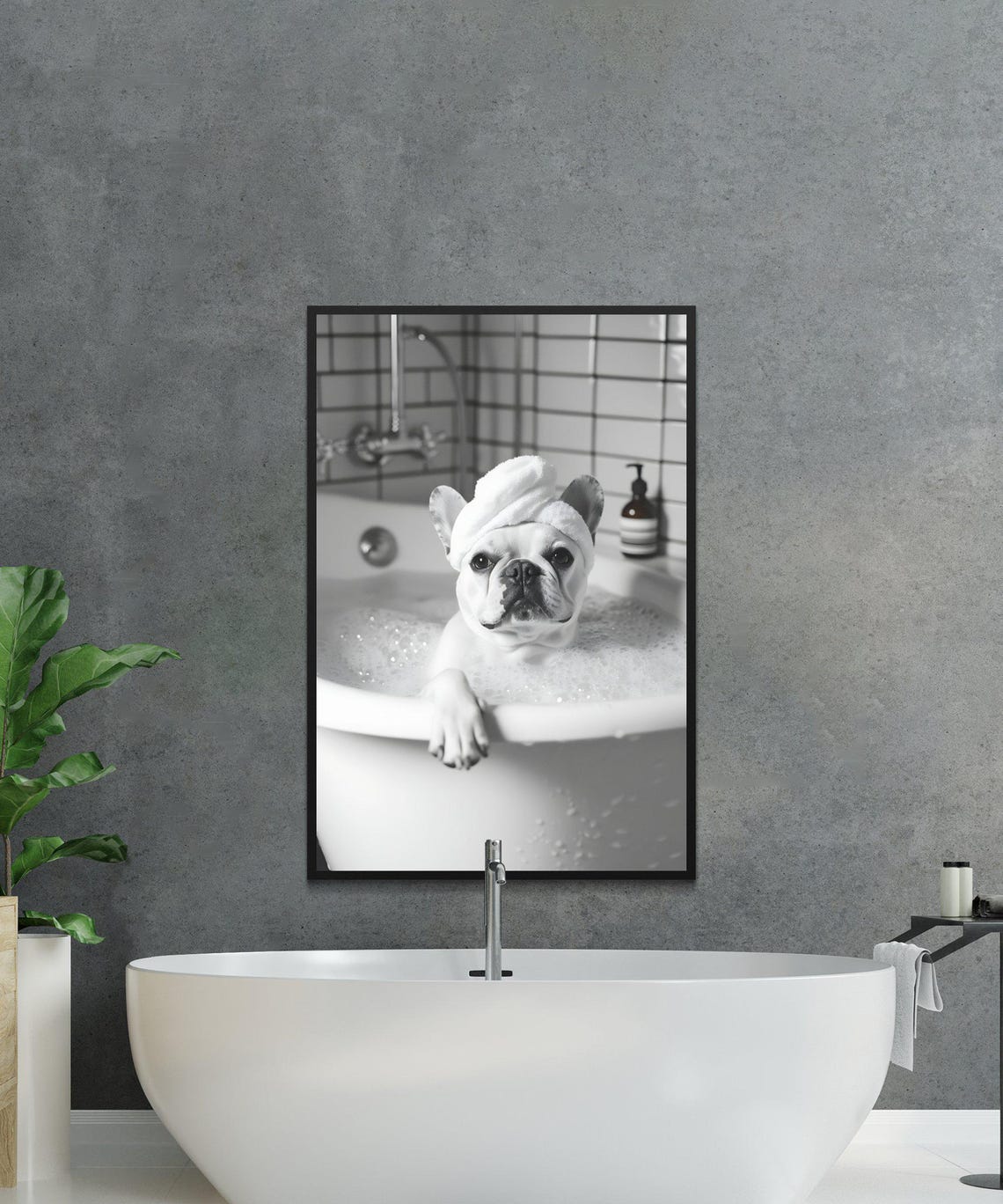 French Bulldog Enjoying a Bubble Bath With a Towel Turban Poster - Image 2