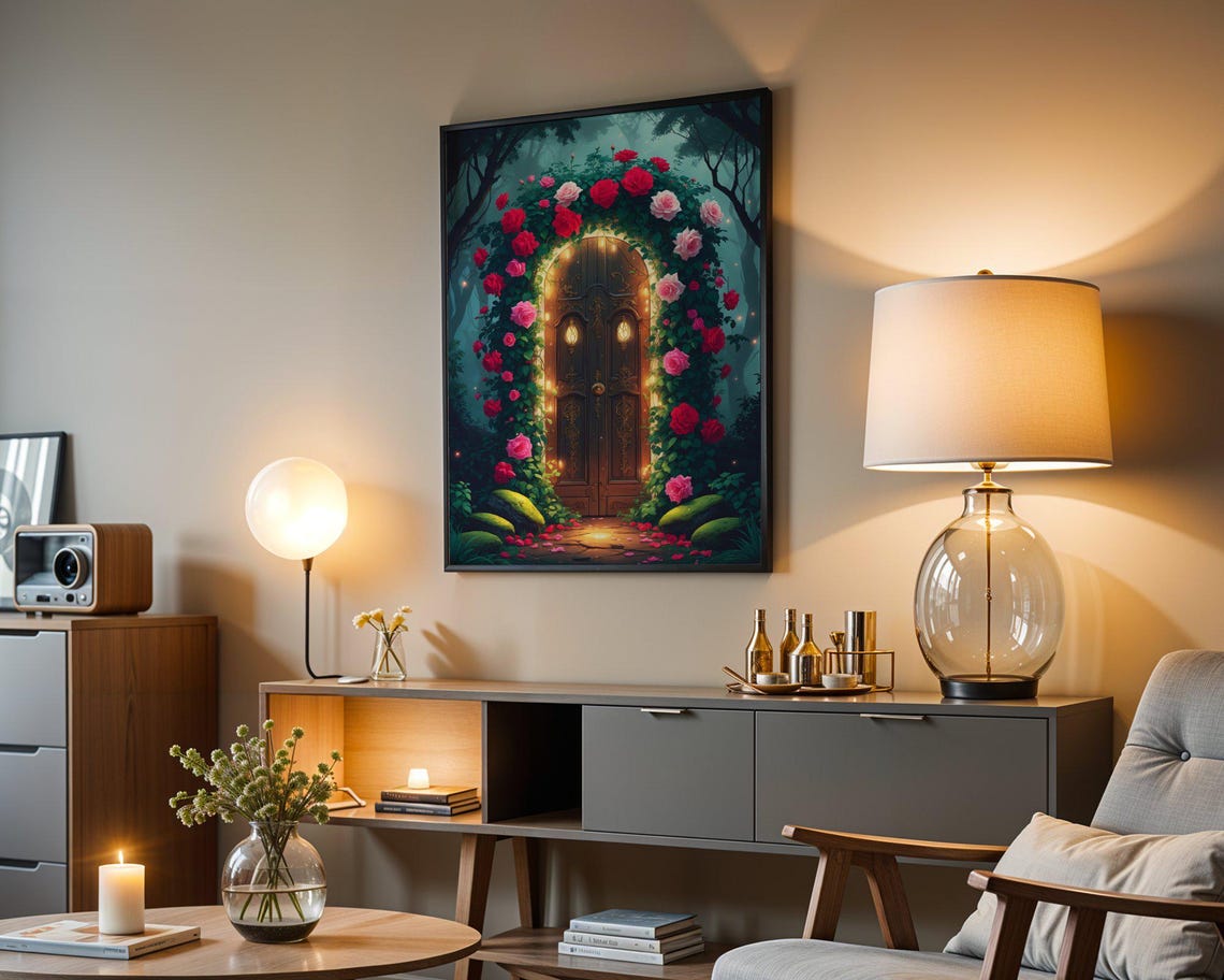 Enchanted Wooden Door Wrapped In Red And Pink Roses At Night Poster - Image 3