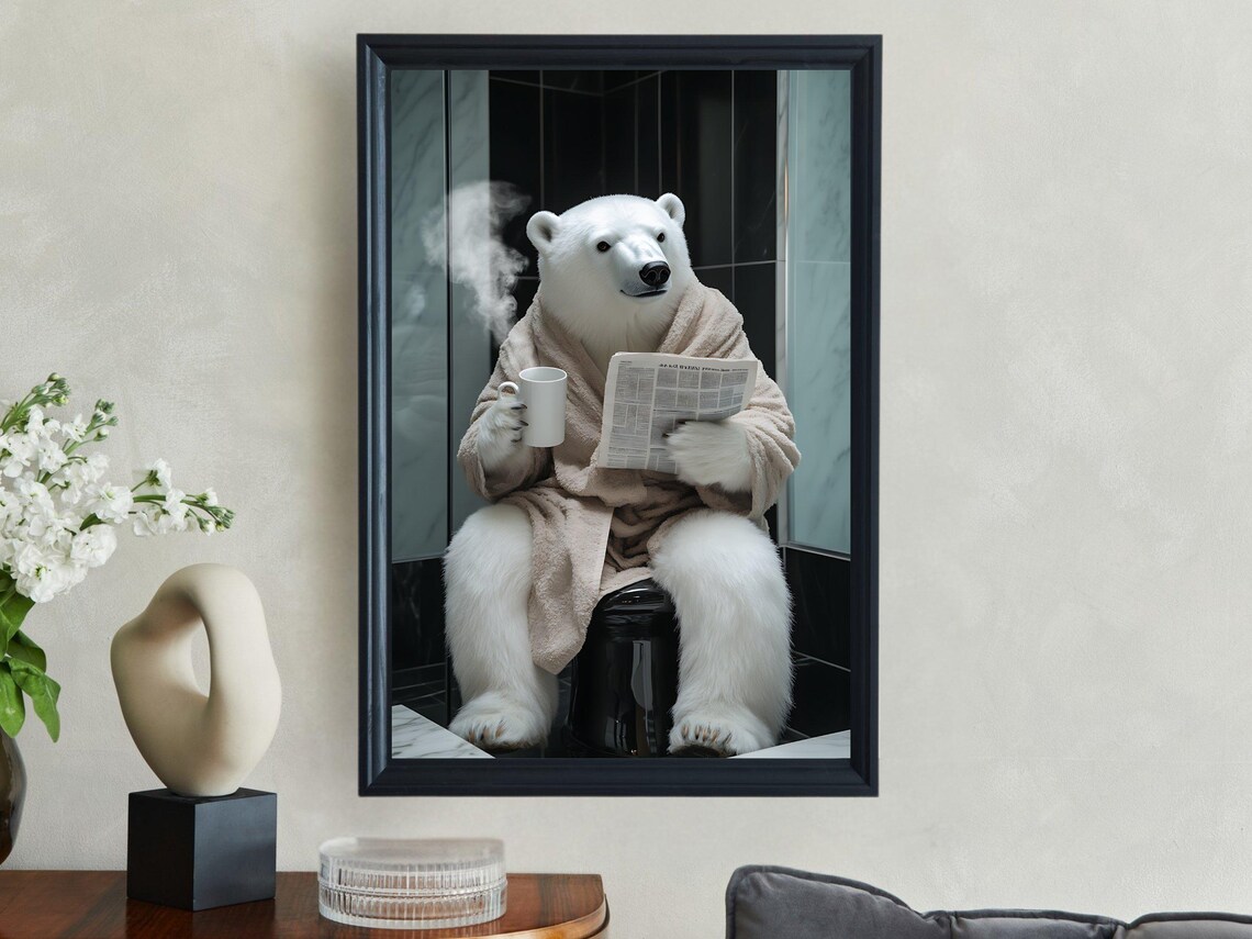 Polar Bear in Bathrobe Enjoying Coffee and the Morning Paper Poster - Image 2