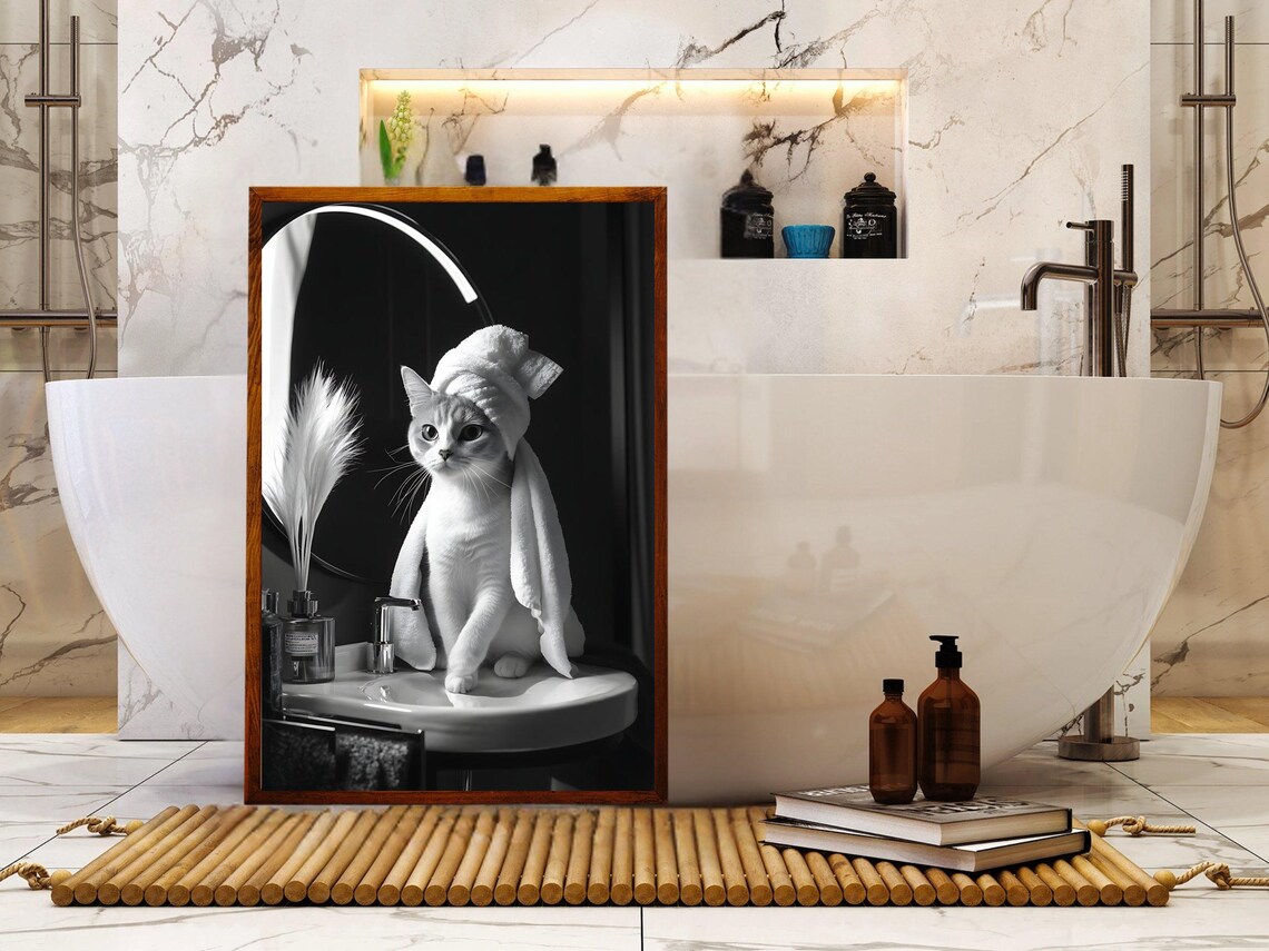 Cat With Towel Turban Sitting On Sink Black And White Animal Poster - Image 5