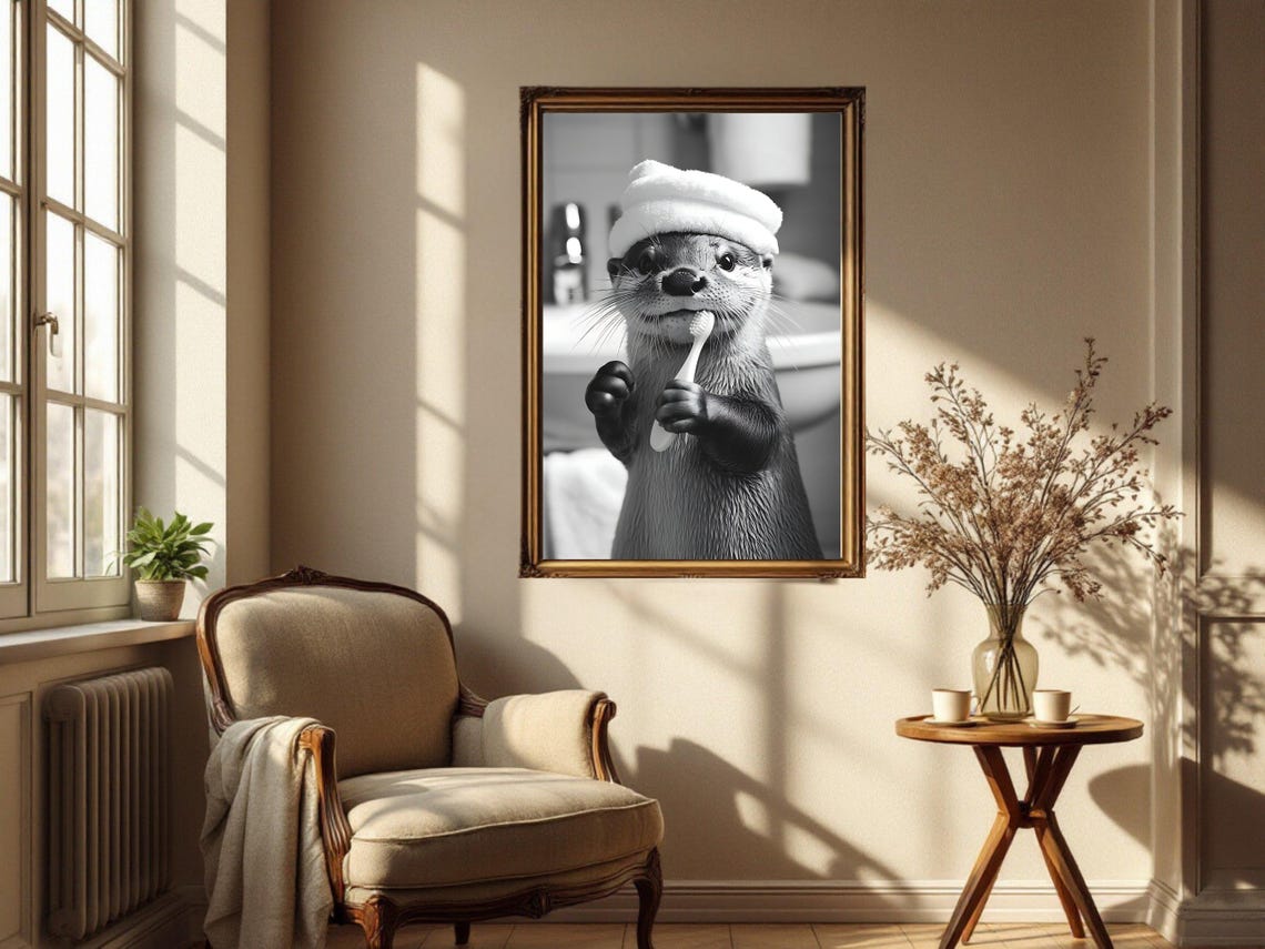 Otter Brushing Teeth With Towel On Head Black And White Poster - Image 4
