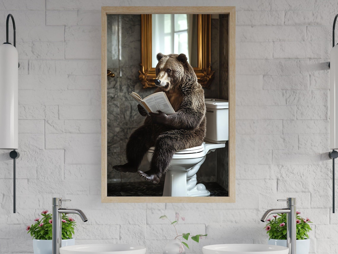 Bear Sitting on a Toilet Reading a Book in a Marble Bathroom Poster