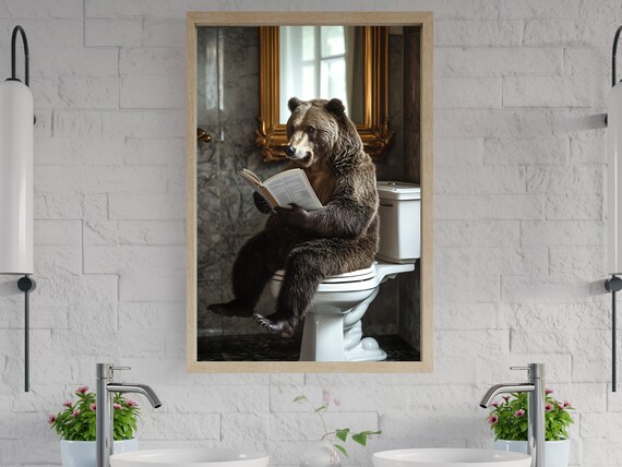 Bear Sitting on a Toilet Reading a Book in a Marble Bathroom Poster
