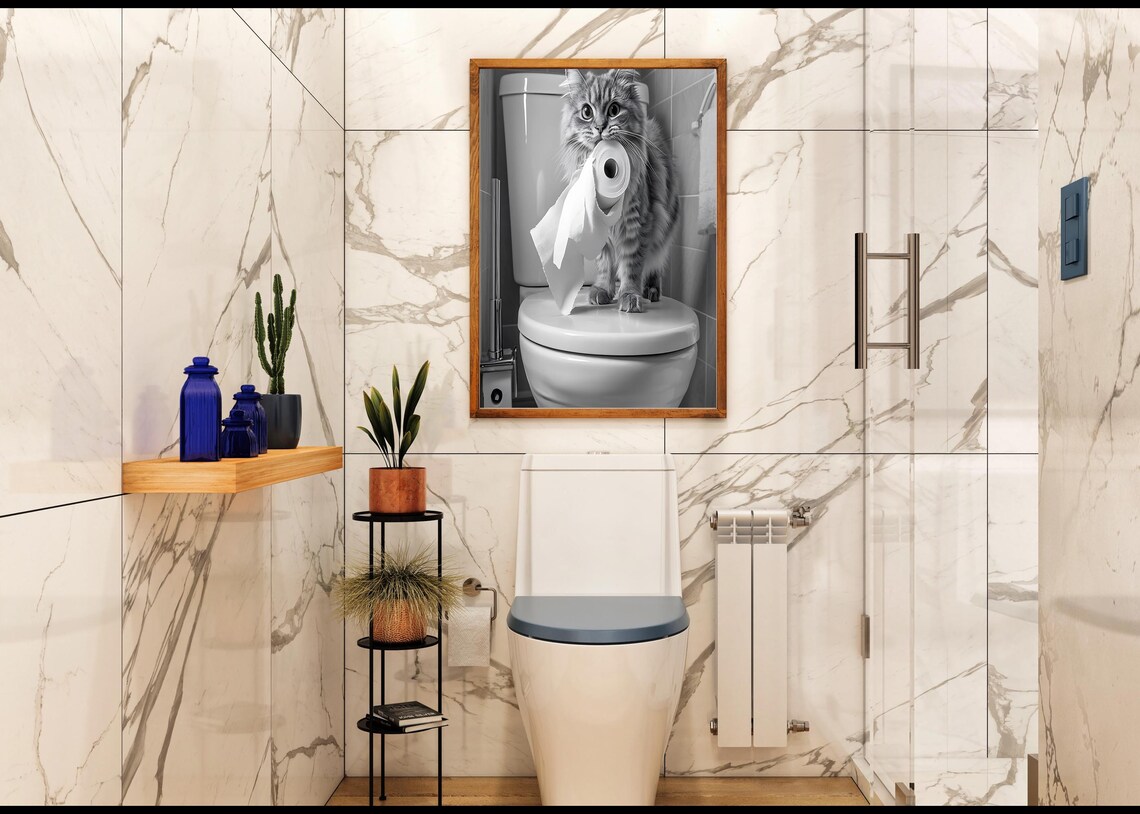 Tabby Cat Holding Toilet Paper Standing On Toilet Funny Poster - Image 2