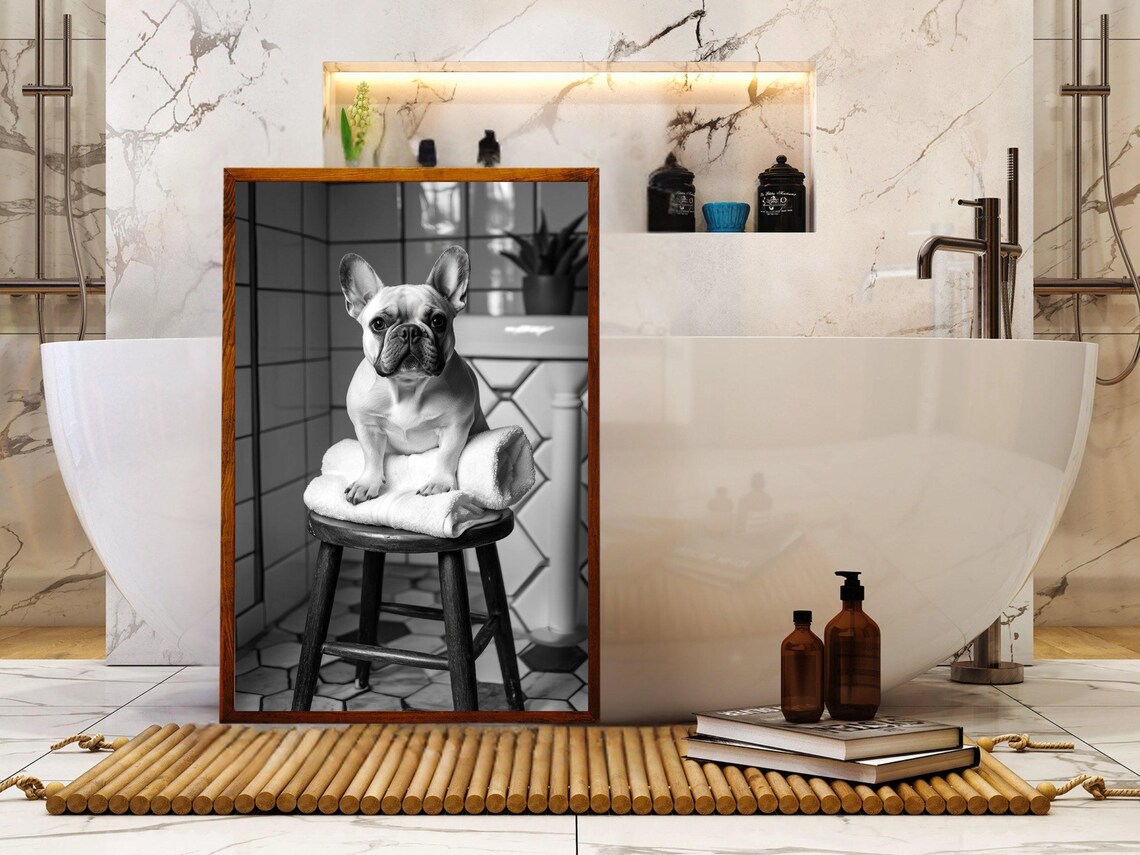 French Bulldog Sitting on a Towel in a Vintage Bathroom Photo Poster - Image 5