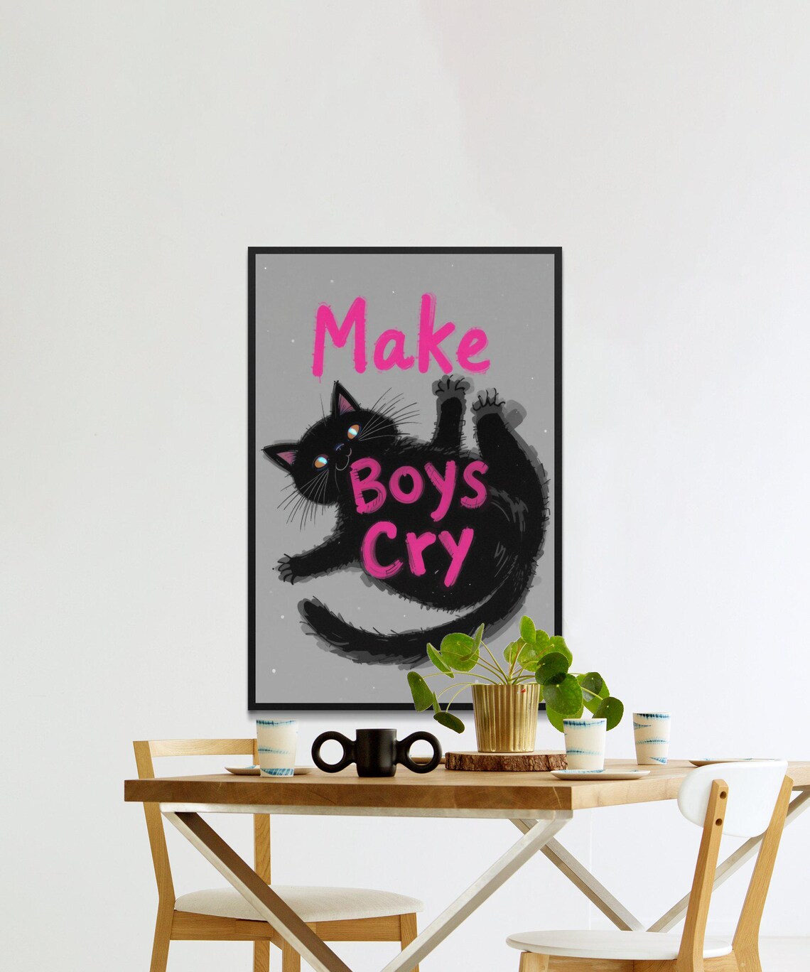 Make Boys Cry Black Cat Pink Typography Funny Feminist Quote Animal Poster - Image 2