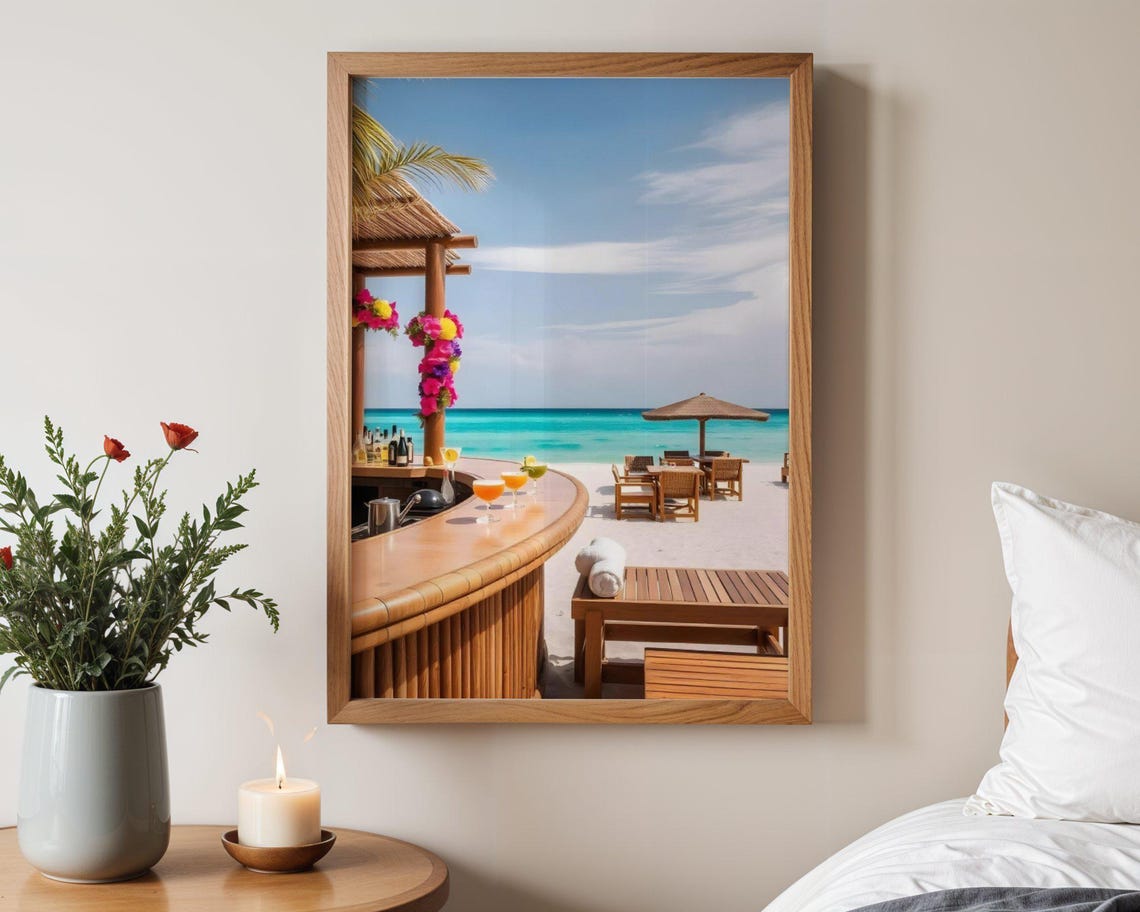 Tropical Beach Bar With Cocktails on White Sand Ocean Poster